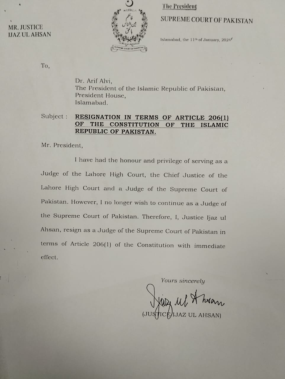 Resignation Justice Ejaz